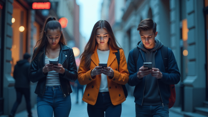 Teens Walking in the City While Using Smartphones