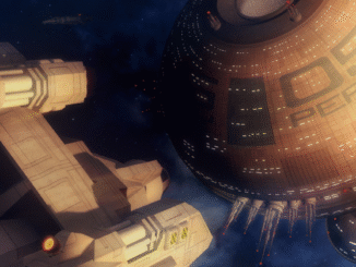 A starship approaches a space station