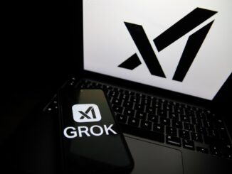 The Grok logo appears on a phone and the xAI logo is displayed on a laptop.