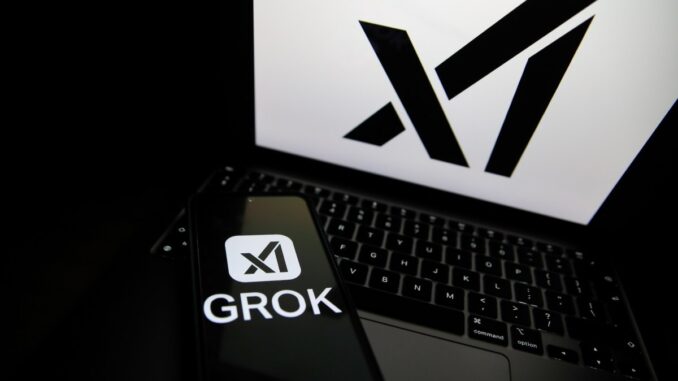 The Grok logo appears on a phone and the xAI logo is displayed on a laptop.